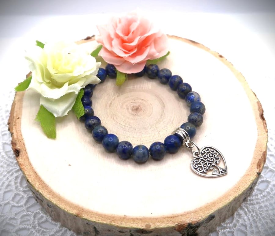 Lapis Lazuli Bracelet with Tree of Life Charm. Free UK Postage
