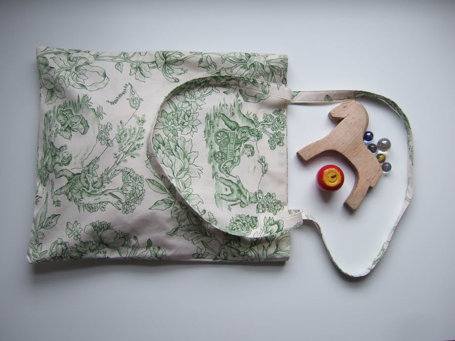 Tote or book bag made from vintage fabric with a pastoral scene of boys playing.