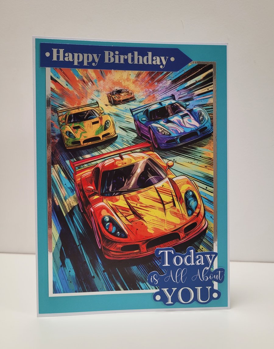 Kids, Children's, Boys, Girls Birthday Card - Colourful Sports Cars