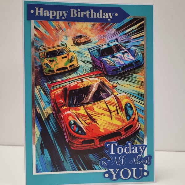 Kids, Children's, Boys, Girls Birthday Card - Colourful Sports Cars
