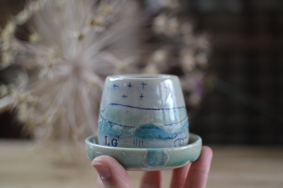 Small Seascape plant pot and saucer - glazed in blues and greens
