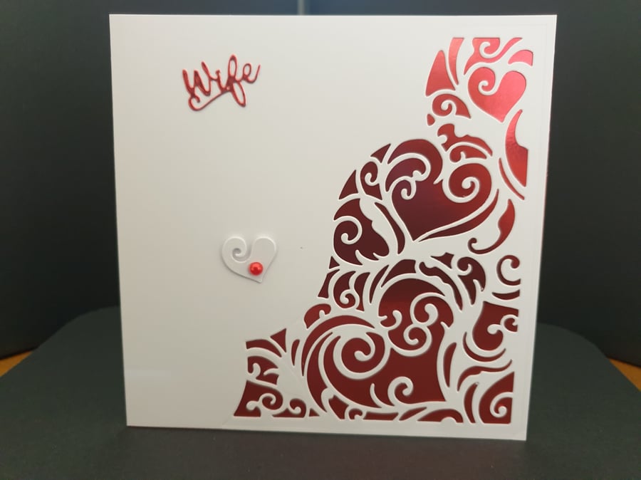 Handmade die cut heart Wife card