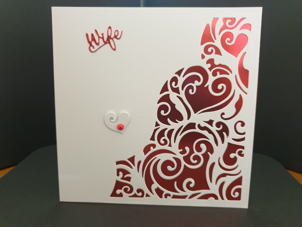Handmade die cut heart Wife card