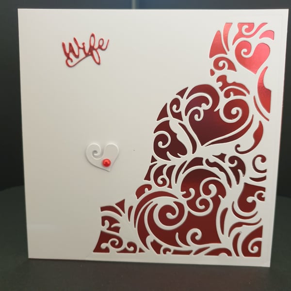 Handmade die cut heart Wife card