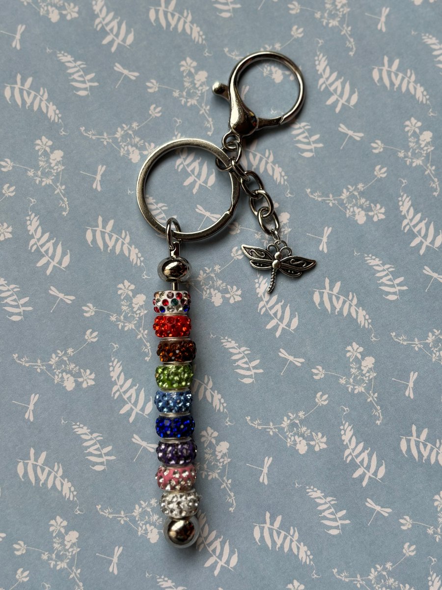 Rhinestone beaded keychain bag charm with dragonfly charm