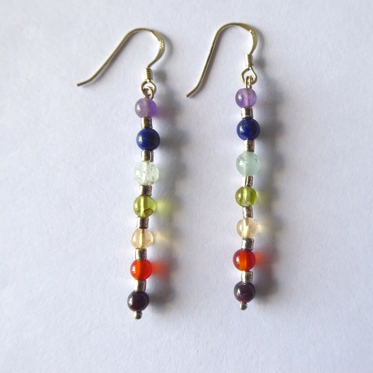 Sterling Silver and Gemstone Earrings with Rainbow coloured Chakra Crystals