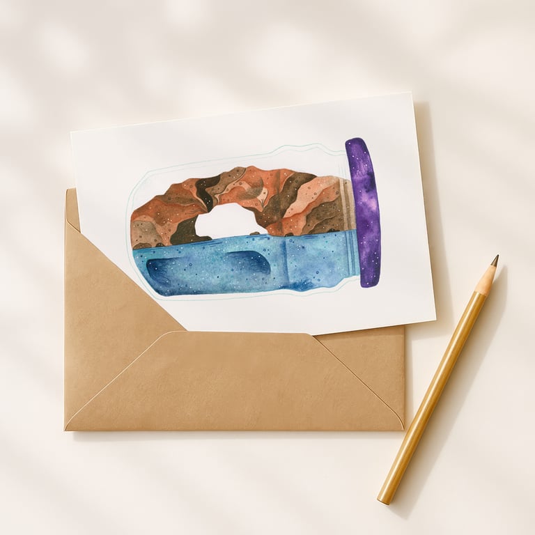 Summer Isles in a jar, A6 giclée greetings card with recycled brown envelope