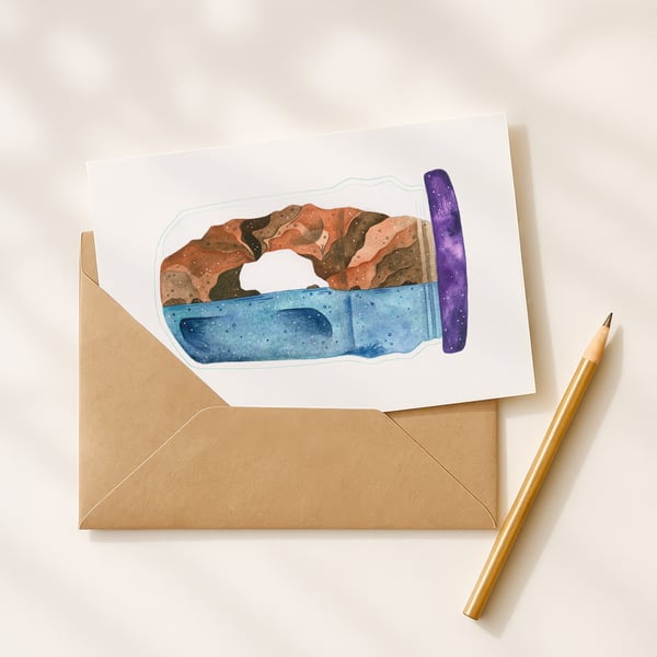 Summer Isles in a jar, A6 giclée greetings card with recycled brown envelope