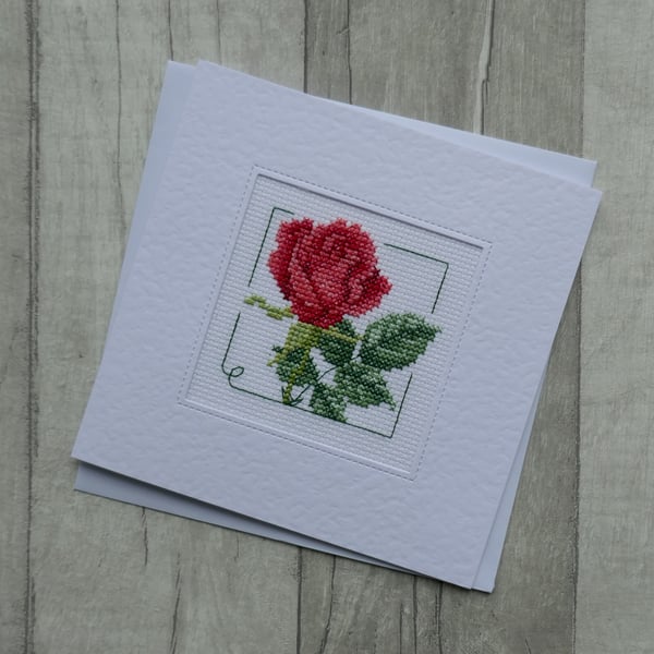 Cross Stitch Card with Red Rose