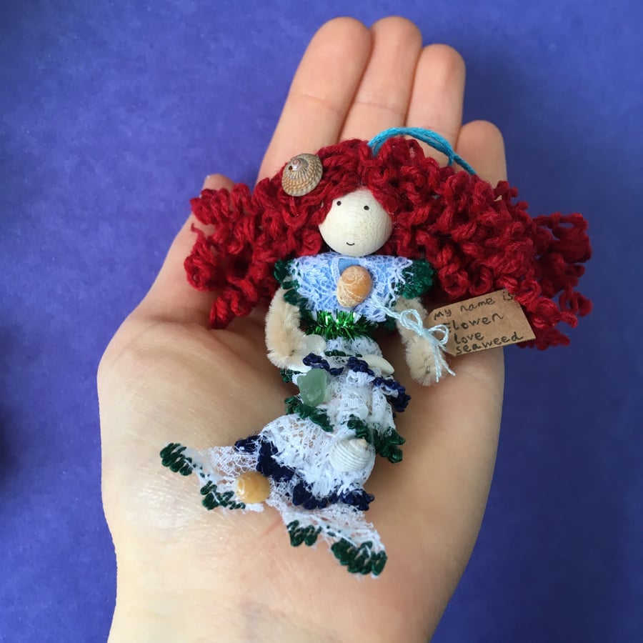 Tiny Mermaid Doll Hanging Decoration, Sea Themed Mermaid Gift, Red Hair