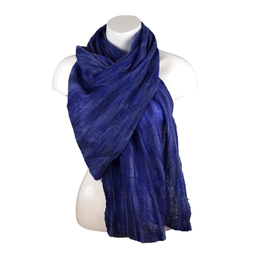 Nuno felted scarf in dark blue, merino wool on silk, gift boxed