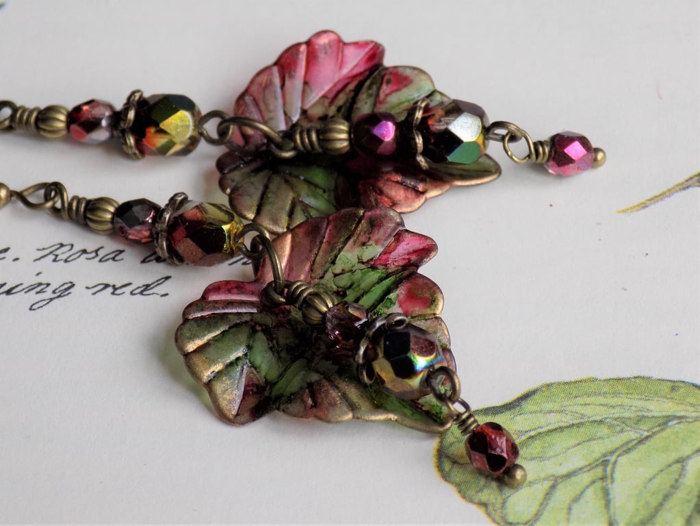Ivy Leaf Red Green "OLD ORCHARD" Hand Painted Lucite Earrings