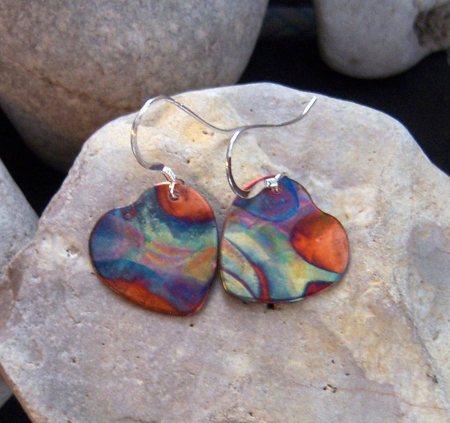 Flame painted copper heart earrings