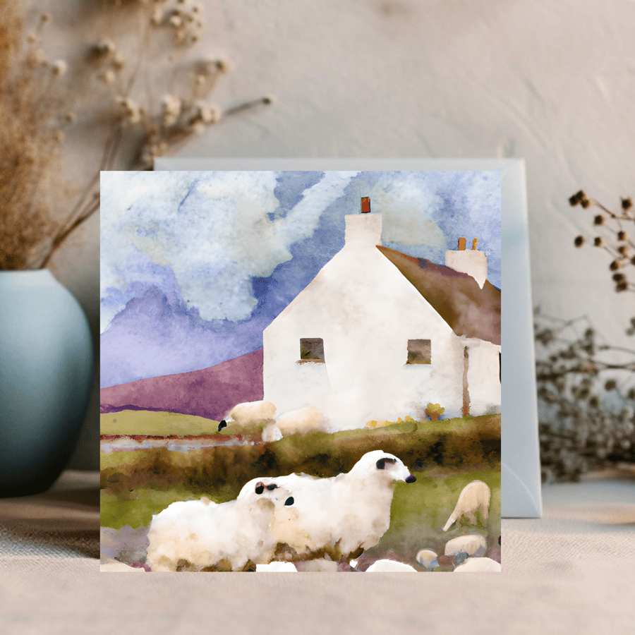 Watercolour Scottish Cottage and Sheep ready to be Personalised for any occasion