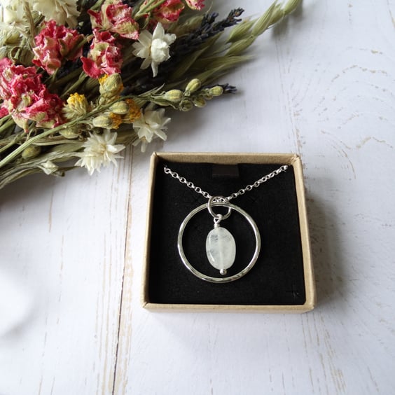 Silver moonstone hoop pendant in recycled silver
