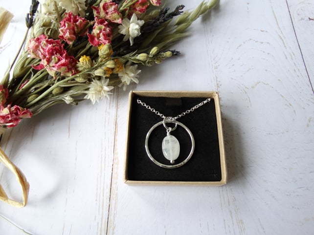 Silver moonstone hoop pendant in recycled silver