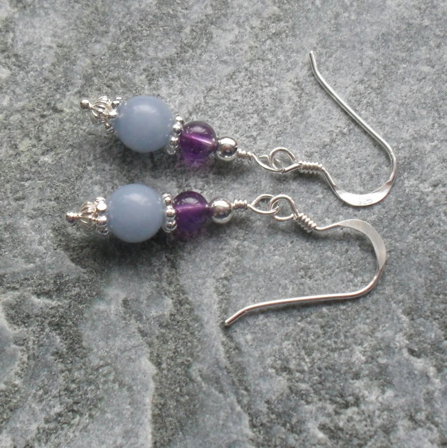 Angelite and Amethyst Sterling Silver Drop Earrings