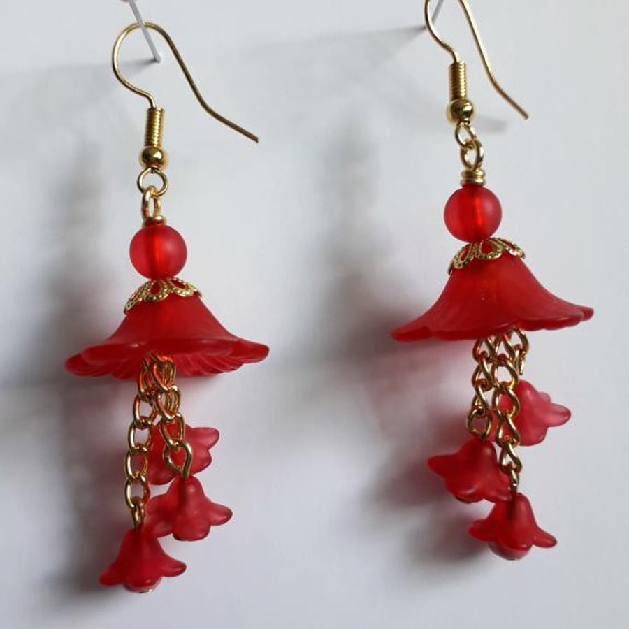 Dangly Red Lucite Flower Earrings