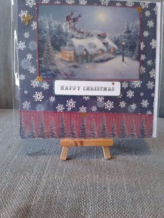 Santa Arriving At a Snowy Cottage Christmas card handmade