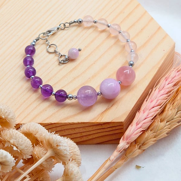 Healing Crystal Bracelet Lepidolite, Madagascan Rose Quartz, Amethyst