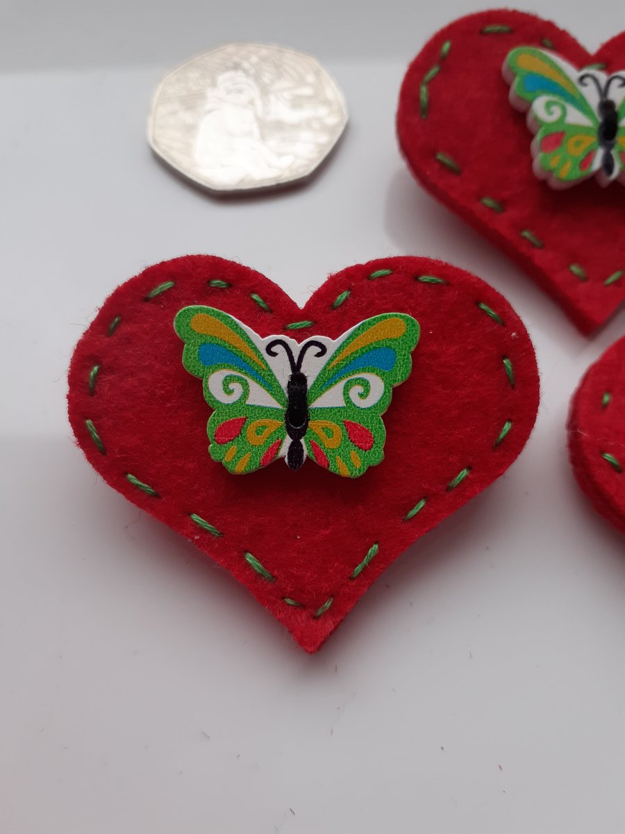 Butterfly brooch, heart shaped brooch, felt brooch