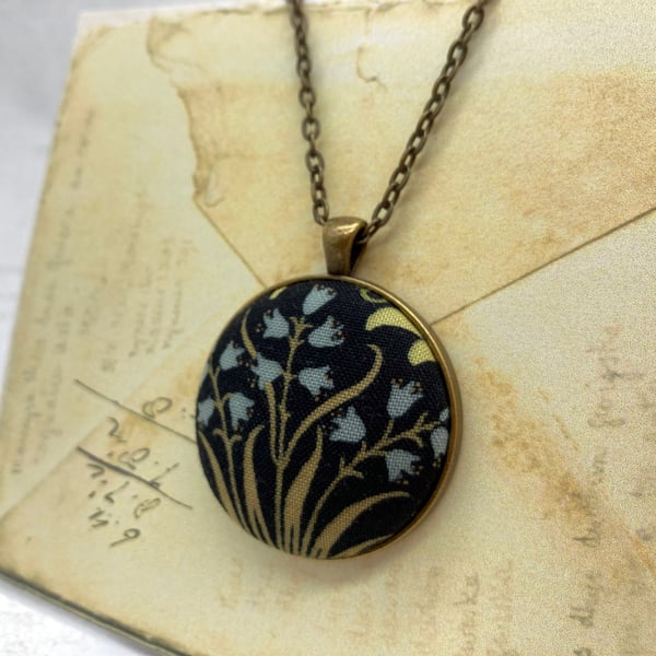 Bluebells on ebony fabric button pendant William Morris gifts for her
