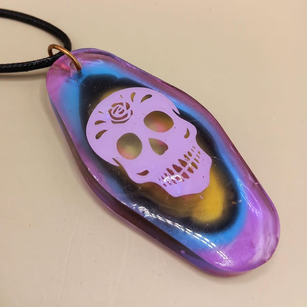 Large Multi-Coloured Abstract-Shaped Pendant with Purple Skull