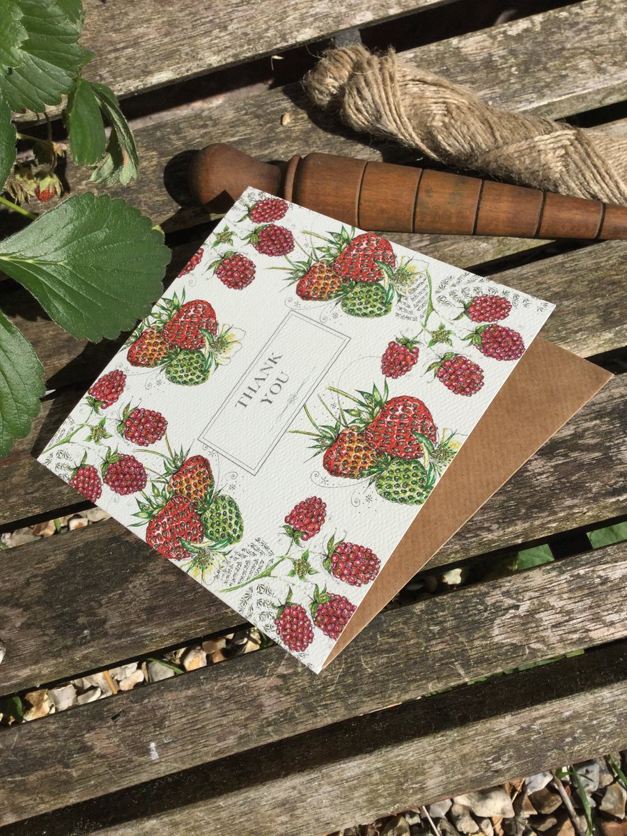  Summer Strawberries & Raspberries  ‘Thank you’ Greeting Cards 