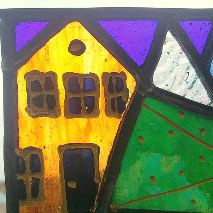 Teeny Tiny Snowy Winter Village, Stained Glass Panel