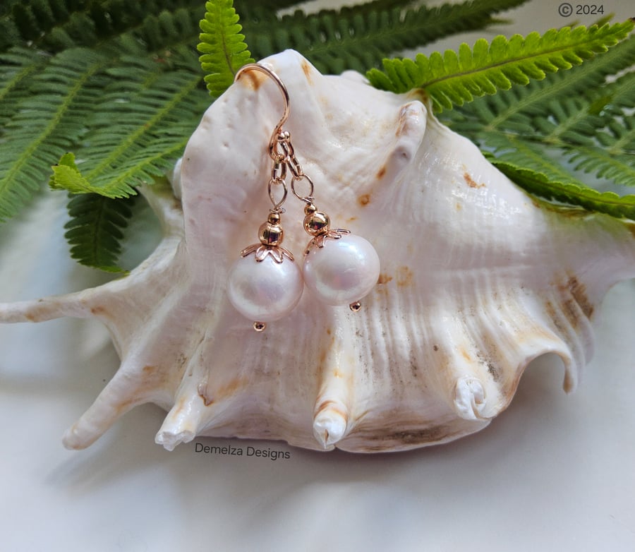 Large 12mm Freshwater Culture Pearl Rose GoldVermeil Earrings Top Grade