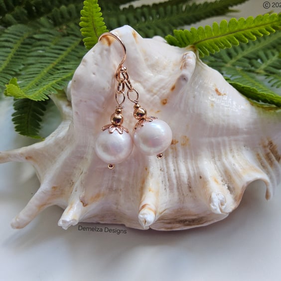 Large 12mm Freshwater Culture Pearl Rose Gold Vermeil Earrings Top Grade