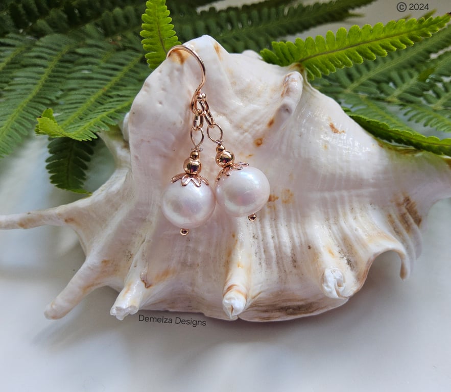 Large 12mm Freshwater Culture Pearl Rose GoldVermeil Earrings Top Grade