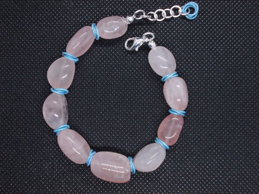 Rose quartz tumbles and pastel blue chainmaille bracelet