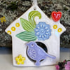 Small Ceramic bird house decoration with lilac bird