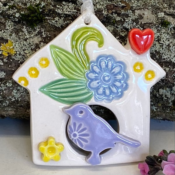 Small Ceramic bird house decoration with lilac bird