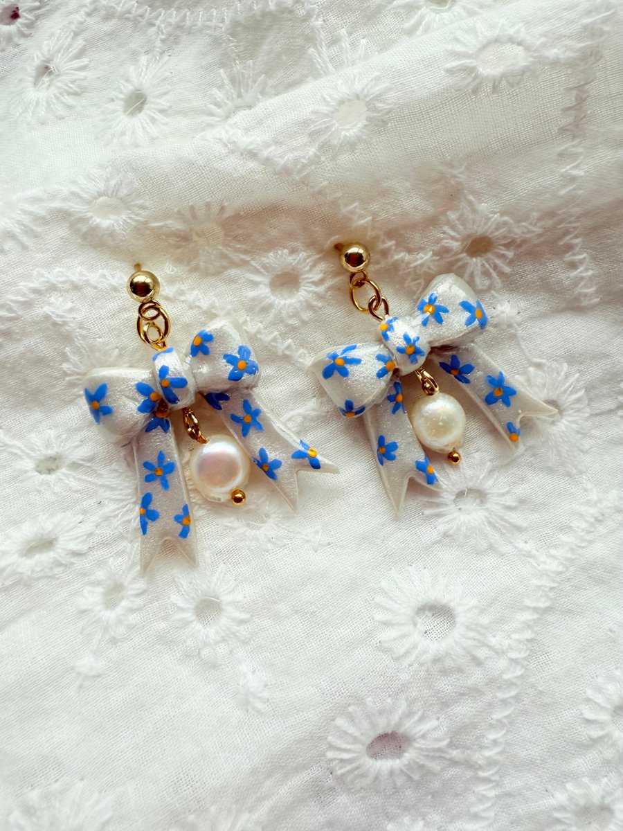 Hand Painted Blue Floral Bow Earrings with Freshwater Pearl - FREE SHIPPING 
