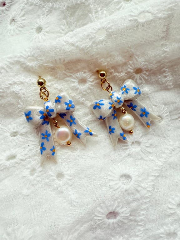 Hand Painted Blue Floral Bow Earrings with Freshwater Pearl