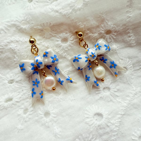 Hand Painted Blue Floral Bow Earrings with Freshwater Pearl - FREE SHIPPING 