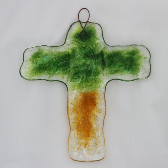 Handmade fused glass wall cross - Tree of life