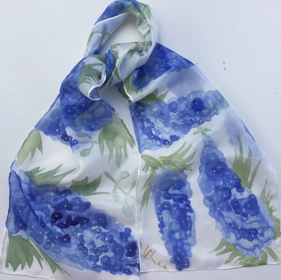 Delphiniums hand painted silk scarf