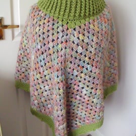 ladies crocheted roll neck poncho in green, one size