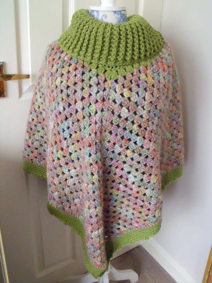 ladies crocheted roll neck poncho in green, one size