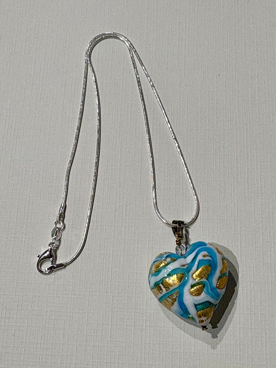 Genuine Italian Murano Glass Heart Necklace – Blue & White with Gold Leaf