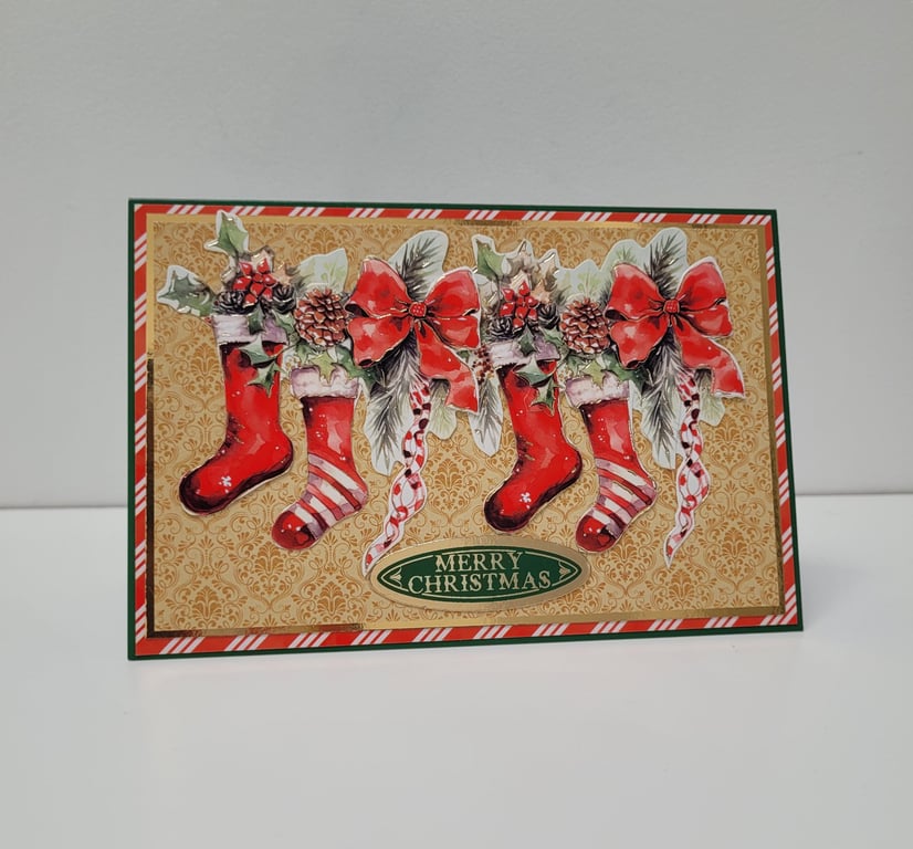 3D Decoupage Christmas Card - Merry Christmas Stockings and Garland