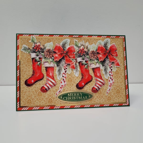 3D Decoupage Christmas Card - Merry Christmas Stockings and Garland