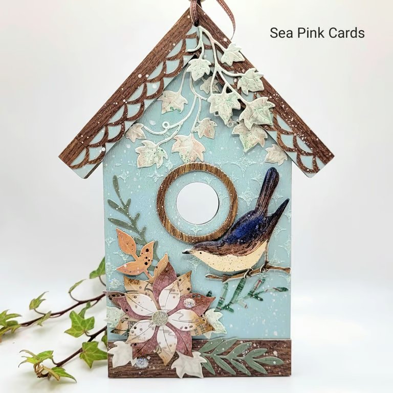 Birdhouse Hanging Ornament - mixed media, wooden decoration, bird, flower, ivy