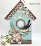 Birdhouse Hanging Ornament - mixed media, wooden decoration, bird, flower, ivy