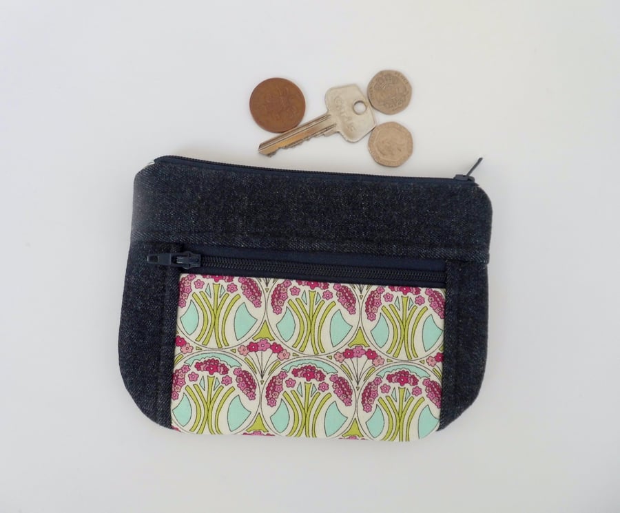 Coin purse with front pocket in dark denim and Liberty print