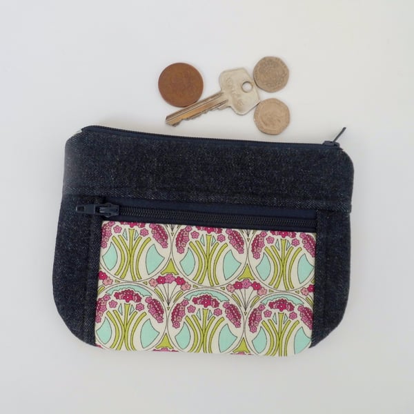 Coin purse with front pocket in dark denim and Liberty print