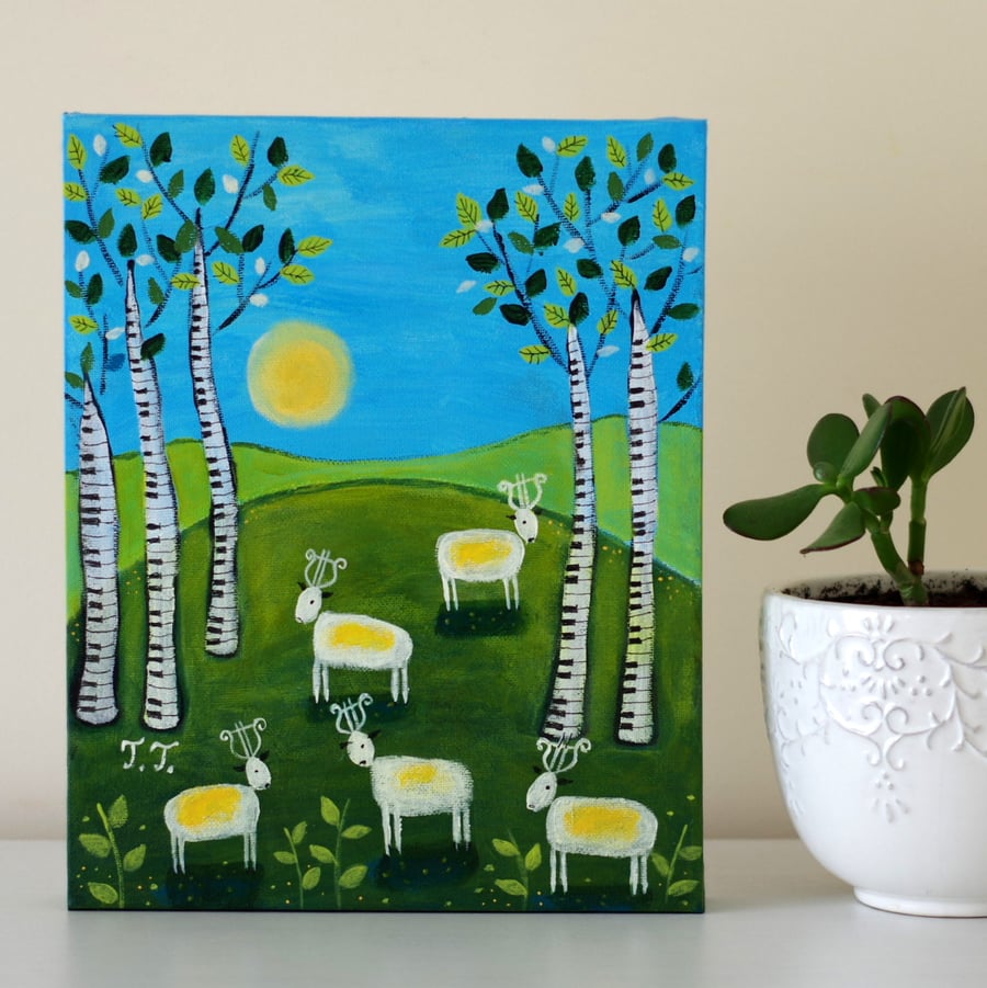 Original Artwork with Birch Trees and Sheep, Naive Landscape Painting 